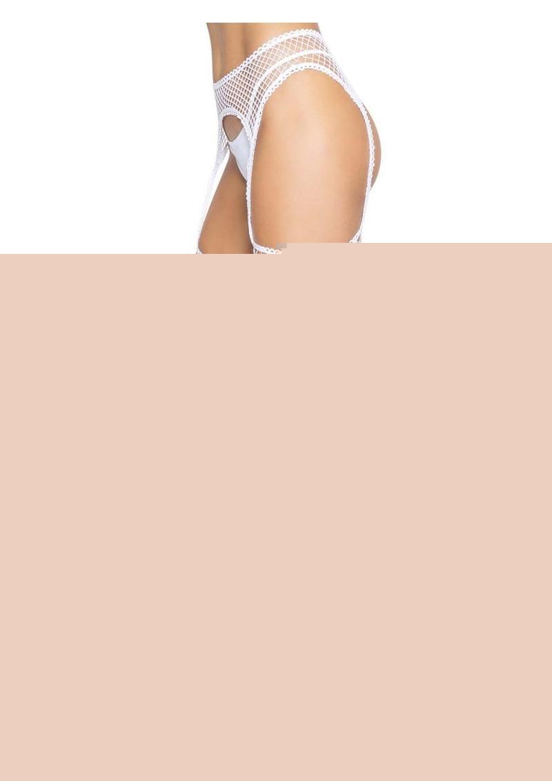 Leg Avenue Industrial Net Stockings with Scalloped Trimmed Attached Garter Belt - White - One Size