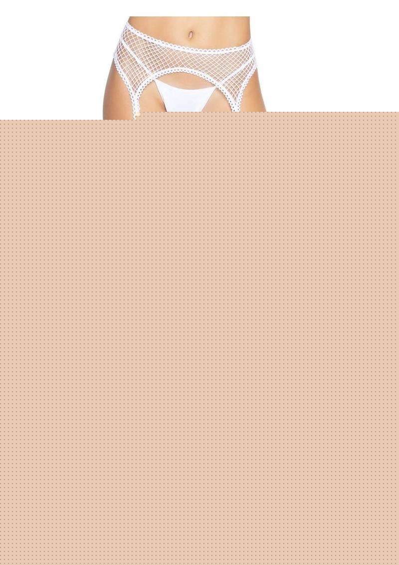 Leg Avenue Industrial Net Stockings with Scalloped Trimmed Attached Garter Belt - White - One Size