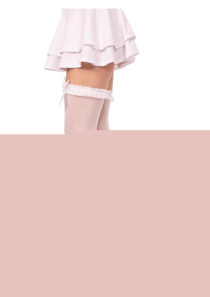 Leg Avenue Lace Garter Sheer Striped Thigh Highs with Satin Bow Accent - White - One Size