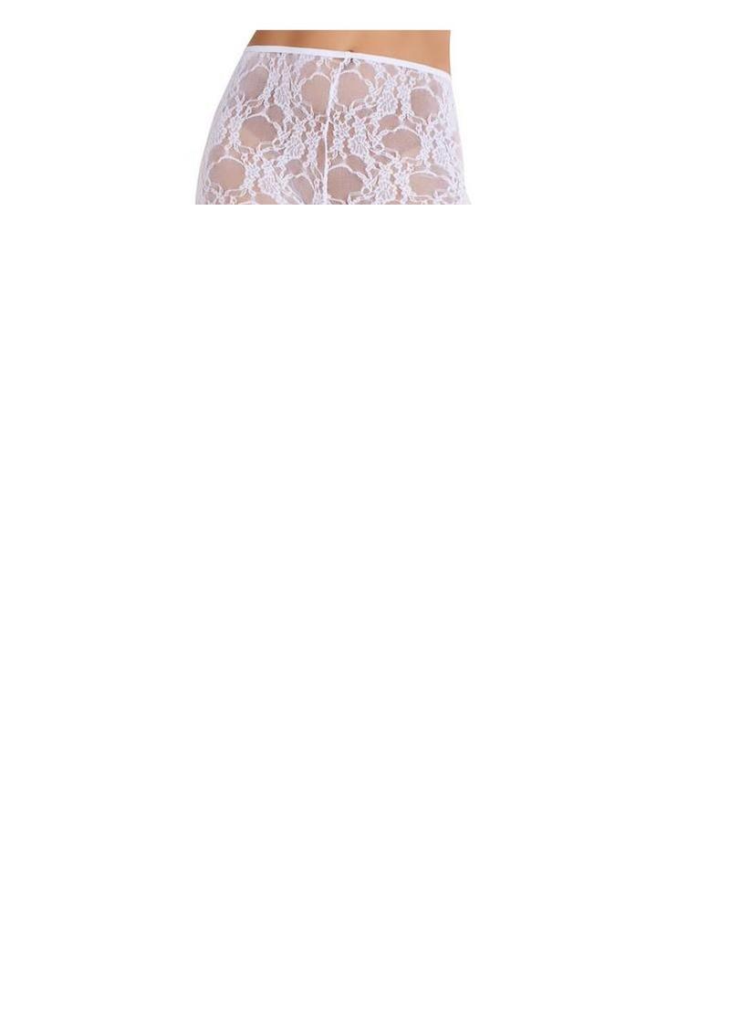 Leg Avenue Scalloped Trimmed Floral Lace Footless Capri Tights with Keyhole Bow Detail - White - One Size