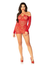 Leg Avenue Seamless Lace Net Off The Shoulder Mini Dress with Twist Halter Strap