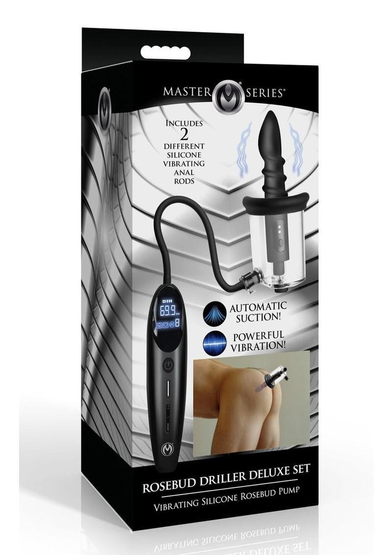 Master Series Rosebud Driller Deluxe Set Vibrating Silicone Rosebud Pump - Black